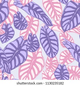 Seamless Jungle Pattern in Purple Color Design. Vector Tropic Leaves in Watercolor Style. Background with Stylized Plants Alocasia. Exotic Foliage. Seamless Tropical Pattern for Cloth Design, Fabric.