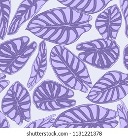 Seamless Jungle Pattern in Purple Color Design. Vector Tropic Leaves in Watercolor Style. Background with Stylized Plants Alocasia. Exotic Foliage. Seamless Tropical Pattern for Cloth Design, Fabric.