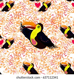 Seamless jungle pattern with toucan, exotic bird. Cartoon background 
