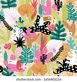 Seamless jungle pattern with toucans, colorful leaves, cactuses and hand drawn textures. Perfect for fabric,textile. Creative Vector background