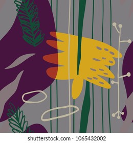 The seamless jungle pattern with  tropical plants, leafs and abstract elements. Hand drawn overlapping nature background for your design.Textile, blog decoration, banner, poster, wrapping paper.