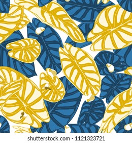 Seamless Jungle Pattern. Vector Tropic Leaves in Watercolor Style. Background with Stylized Plants Alocasia. Handwritten Exotic Foliage. Seamless Tropical Pattern for Textile, Cloth Design, Fabric.