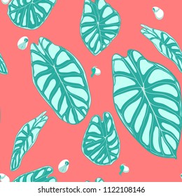 Seamless Jungle Pattern. Vector Tropic Leaves in Watercolor Style. Background with Stylized Plants Alocasia. Handwritten Exotic Foliage. Seamless Tropical Pattern for Textile, Cloth Design, Fabric.