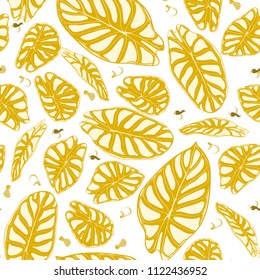 Seamless Jungle Pattern. Vector Tropic Leaves in Watercolor Style. Background with Stylized Plants Alocasia. Handwritten Exotic Foliage. Seamless Tropical Pattern for Textile, Cloth Design, Fabric.