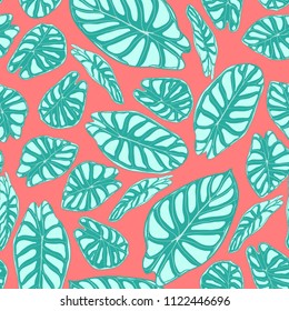 Seamless Jungle Pattern. Vector Tropic Leaves in Watercolor Style. Background with Stylized Plants Alocasia. Handwritten Exotic Foliage. Seamless Tropical Pattern for Textile, Cloth Design, Fabric.