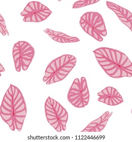 Seamless Jungle Pattern. Vector Tropic Leaves in Watercolor Style. Background with Stylized Plants Alocasia. Handwritten Exotic Foliage. Seamless Tropical Pattern for Textile, Cloth Design, Fabric.