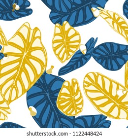 Seamless Jungle Pattern. Vector Tropic Leaves in Watercolor Style. Background with Stylized Plants Alocasia. Handwritten Exotic Foliage. Seamless Tropical Pattern for Textile, Cloth Design, Fabric.