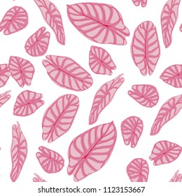 Seamless Jungle Pattern. Vector Tropic Leaves in Watercolor Style. Background with Stylized Plants Alocasia. Handwritten Exotic Foliage. Seamless Tropical Pattern for Textile, Cloth Design, Fabric.