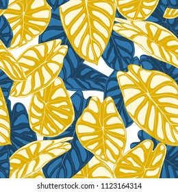 Seamless Jungle Pattern. Vector Tropic Leaves in Watercolor Style. Background with Stylized Plants Alocasia. Handwritten Exotic Foliage. Seamless Tropical Pattern for Textile, Cloth Design, Fabric.