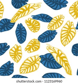 Seamless Jungle Pattern. Vector Tropic Leaves in Watercolor Style. Background with Stylized Plants Alocasia. Handwritten Exotic Foliage. Seamless Tropical Pattern for Textile, Cloth Design, Fabric.