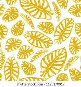 Seamless Jungle Pattern. Vector Tropic Leaves in Watercolor Style. Background with Stylized Plants Alocasia. Handwritten Exotic Foliage. Seamless Tropical Pattern for Textile, Cloth Design, Fabric.