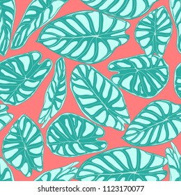 Seamless Jungle Pattern. Vector Tropic Leaves in Watercolor Style. Background with Stylized Plants Alocasia. Handwritten Exotic Foliage. Seamless Tropical Pattern for Textile, Cloth Design, Fabric.