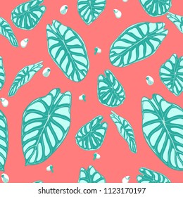 Seamless Jungle Pattern. Vector Tropic Leaves in Watercolor Style. Background with Stylized Plants Alocasia. Handwritten Exotic Foliage. Seamless Tropical Pattern for Textile, Cloth Design, Fabric.