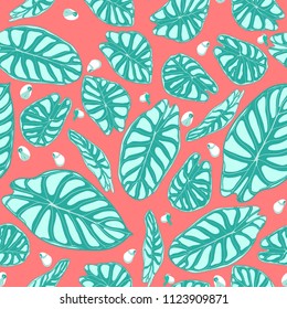 Seamless Jungle Pattern. Vector Tropic Leaves in Watercolor Style. Background with Stylized Plants Alocasia. Handwritten Exotic Foliage. Seamless Tropical Pattern for Textile, Cloth Design, Fabric.