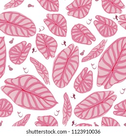 Seamless Jungle Pattern. Vector Tropic Leaves in Watercolor Style. Background with Stylized Plants Alocasia. Handwritten Exotic Foliage. Seamless Tropical Pattern for Textile, Cloth Design, Fabric.