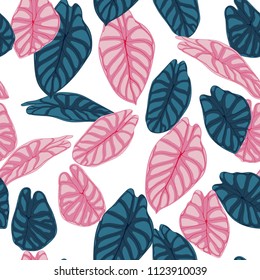 Seamless Jungle Pattern. Vector Tropic Leaves in Watercolor Style. Background with Stylized Plants Alocasia. Handwritten Exotic Foliage. Seamless Tropical Pattern for Textile, Cloth Design, Fabric.