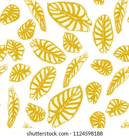 Seamless Jungle Pattern. Vector Tropic Leaves in Watercolor Style. Background with Stylized Plants Alocasia. Handwritten Exotic Foliage. Seamless Tropical Pattern for Textile, Cloth Design, Fabric.