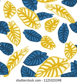 Seamless Jungle Pattern. Vector Tropic Leaves in Watercolor Style. Background with Stylized Plants Alocasia. Handwritten Exotic Foliage. Seamless Tropical Pattern for Textile, Cloth Design, Fabric.
