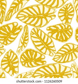 Seamless Jungle Pattern. Vector Tropic Leaves in Watercolor Style. Background with Stylized Plants Alocasia. Handwritten Exotic Foliage. Seamless Tropical Pattern for Textile, Cloth Design, Fabric.