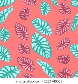 Seamless Jungle Pattern. Vector Tropic Leaves in Watercolor Style. Background with Stylized Plants Alocasia. Handwritten Exotic Foliage. Seamless Tropical Pattern for Textile, Cloth Design, Fabric.