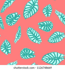 Seamless Jungle Pattern. Vector Tropic Leaves in Watercolor Style. Background with Stylized Plants Alocasia. Handwritten Exotic Foliage. Seamless Tropical Pattern for Textile, Cloth Design, Fabric.