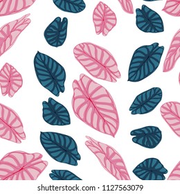 Seamless Jungle Pattern. Vector Tropic Leaves in Watercolor Style. Background with Stylized Plants Alocasia. Handwritten Exotic Foliage. Seamless Tropical Pattern for Textile, Cloth Design, Fabric.