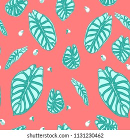Seamless Jungle Pattern. Vector Tropic Leaves in Watercolor Style. Background with Stylized Plants Alocasia. Handwritten Exotic Foliage. Seamless Tropical Pattern for Textile, Cloth Design, Fabric.