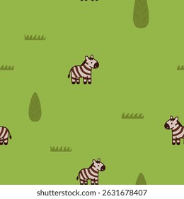 Seamless jungle pattern with zebra, tree and grass. Childlike naive style with doodle elements for playful designs.