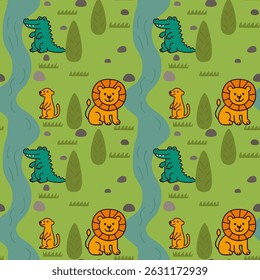 Seamless jungle print with crocodiles, lions, and meerkats along a winding river. Soft green and aqua palette, cartoon layout in naive style for kids' projects, summer patterns, and playful decor.