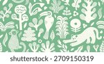 Seamless jungle tropical abstract pattern with palm tree, leaves, leopard, toucan, monkey. Summer texture. Vector illustration. Green background, white objects. Monochrome surface pattern design.