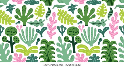 Nahtloses Dschungel tropische abstrakte Muster mit Palme, Blätter. Sommertextur. Vektorgrafik.Weißer Hintergrund.