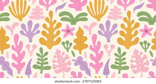 Selva sem costura padrão abstrato tropical com palmeira, folhas. Cores pastel macias, laranja, rosa, verde. Textura de verão. Ilustração vetorial. Fundo branco.