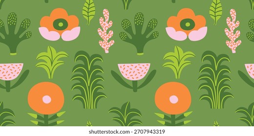 Modelo abstracto tropical de la selva inconsútil con la palmera, hojas, flores. Textura de verano. Ilustración vectorial. Fondo verde, colores rosados y naranjas.