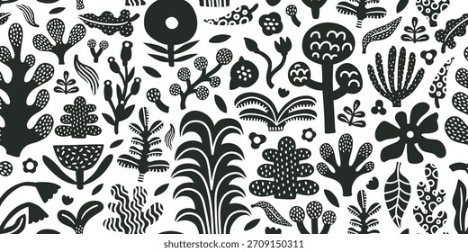 Patrón abstracto tropical de la selva sin fisuras con la palmera, hojas. Textura de verano. Ilustración vectorial.Fondo blanco, blanco y negro, textura monocromática, estilo doodle simple.