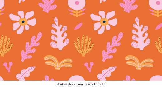 Modelo abstracto tropical de la selva inconsútil con las hojas de la palmera, flores rosadas. Textura de verano. Ilustración vectorial. Fondo anaranjado.