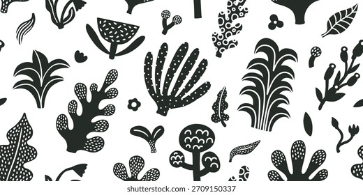 Patrón abstracto tropical de la selva sin fisuras con la palmera, hojas. Textura de verano. Ilustración vectorial.Fondo blanco, blanco y negro, textura monocromática, estilo doodle simple.