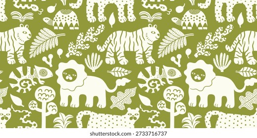 Seamless jungle tropical abstract pattern with palm tree, leaves, leopard, lion, tiger, chameleon, turtle. Summer texture. Vector illustration. Green background, white objects. Monochrome surface.