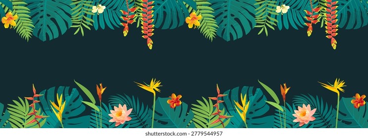 Seamless jungle tropical border background. Vector palm leaves green foliage frame. Hawaiian aloha summer aesthetic. Exotic flowers, hibiscus blooms, rainforest plants. Lush nature banner. Island bg