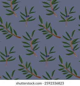 Seamless juniper berry pattern, hand-drawn botanical foliage print