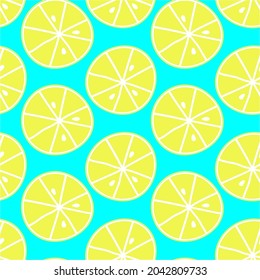 Seamless jusy and summer seamless pattern with sliced  lemons on blue . Vector background
