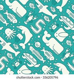 seamless juvenile pattern of stylized fishes, dolphins, whales, sharks and other sea life