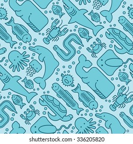 seamless juvenile pattern of stylized fishes, dolphins, whales, sharks and other sea life