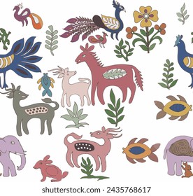 Seamless kalamkari pattern with animals.