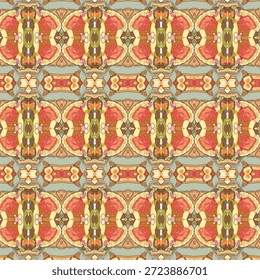 Seamless kaleidoscope abstract pattern with warm tones, symmetrical shapes, ornamental texture, decorative background for creative and artistic projects