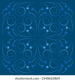 Seamless kaleidoscope blue mosaic tile. Melting watercolor pattern. Design element of curved lines. Blue curls on dark blue background. Frost pattern on the window. Ethnic nordic style.