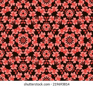 Seamless kaleidoscope vector pattern with red and pink flowers on black background. Symmetric vector ornamental background.