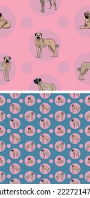 Seamless Kangal dog pattern, holiday texture. Square format. Pink, blue packaging, textile, fabric, decoration, wrapping paper.Trendy hand-drawn dogs wallpaper. Holiday background with circles.
