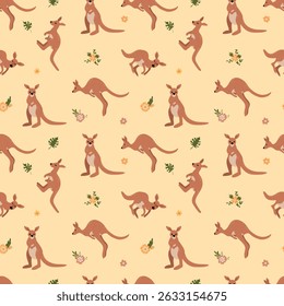 Padrão de canguru e flor sem costura. Design para tecido, têxtil, papel de parede, embalagem	