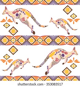 Seamless kangaroo pattern made from flowers, leaves in the ethnic style. Animal print. Arabic, indian, african motif for background, wallpaper, pattern fills, wrapping paper, fabric, etc. Vector 