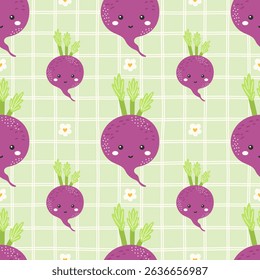 Padrão de vetor de beterraba kawaii sem costura com rostos bonitos e sotaques florais. Perfeito para roupas infantis, papel de embrulho, mercados agrícolas, têxteis de cozinha